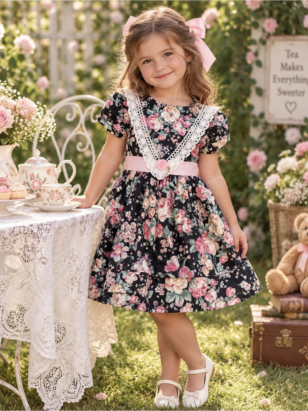 Vintage Cory Girls Floral Lace Tea Party Dress Size 5 Made in USA